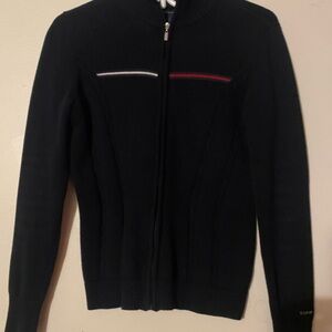 Black Zip-Up Sweater with Red and White Accents